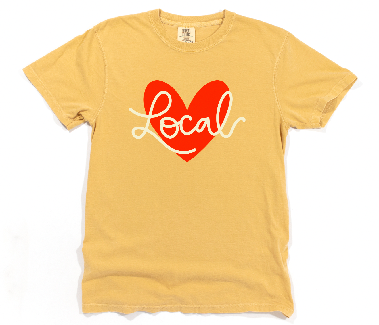 Yellow t-shirt with a red heart and 'Local' text on a white background