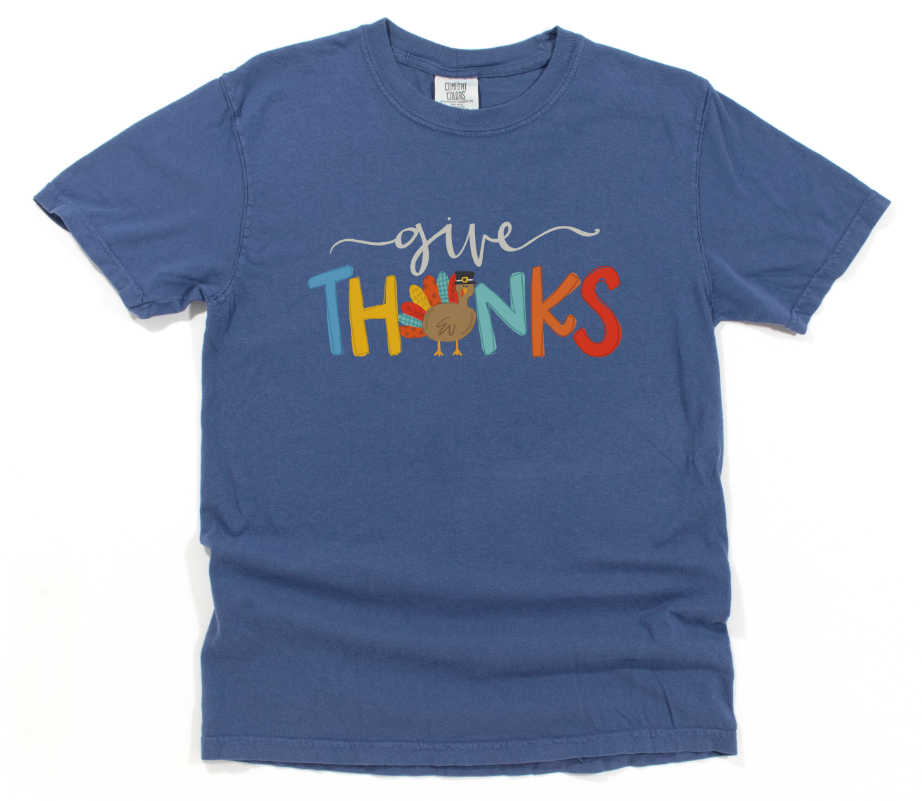 Blue t-shirt with 'give THANKS' text and a turkey graphic on a white background