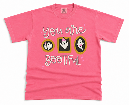Pink t-shirt with 'You are Bootiful' text and ghost illustrations on a white background