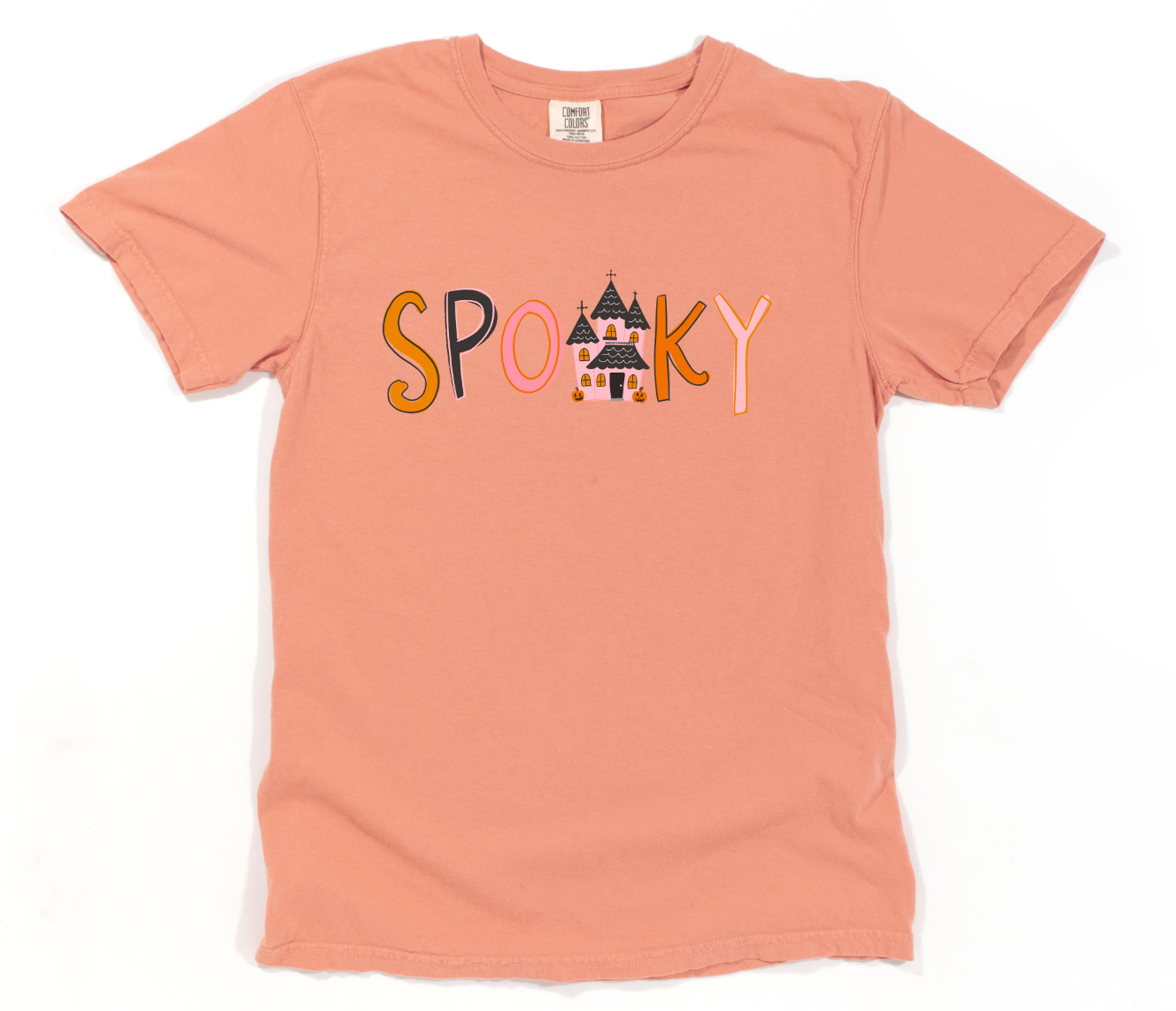 Peach t-shirt with 'Spooky' text and haunted house graphic on a white background