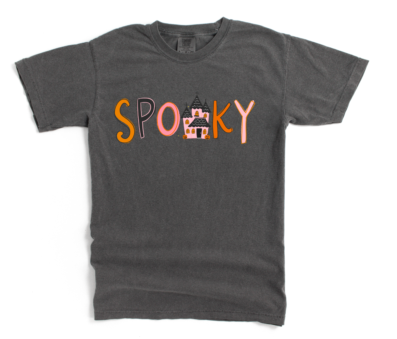 Gray t-shirt with 'SPooky' text and haunted house graphic on a white background