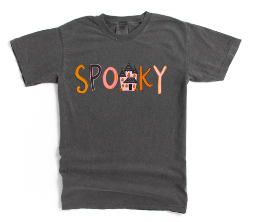 Gray t-shirt with 'SPooky' text and haunted house graphic on a white background