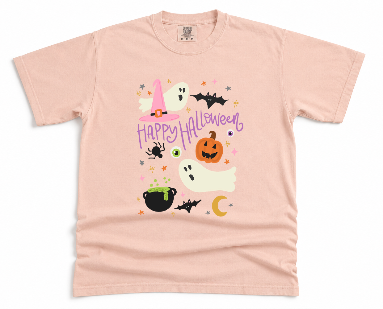 Pink t-shirt with Halloween-themed graphics on a white background