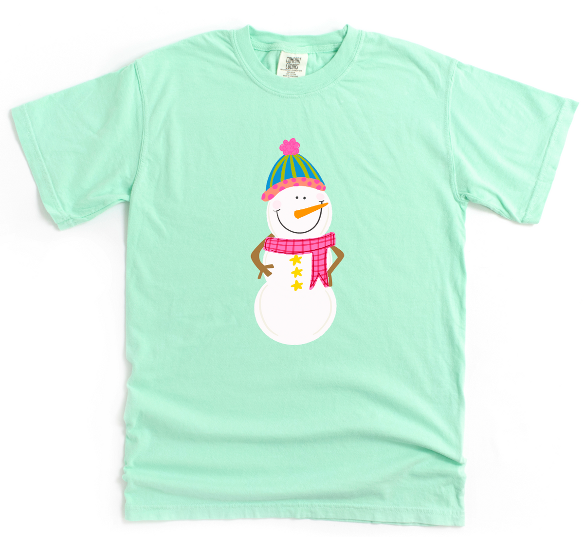 Light green t-shirt with a snowman graphic on a white background
