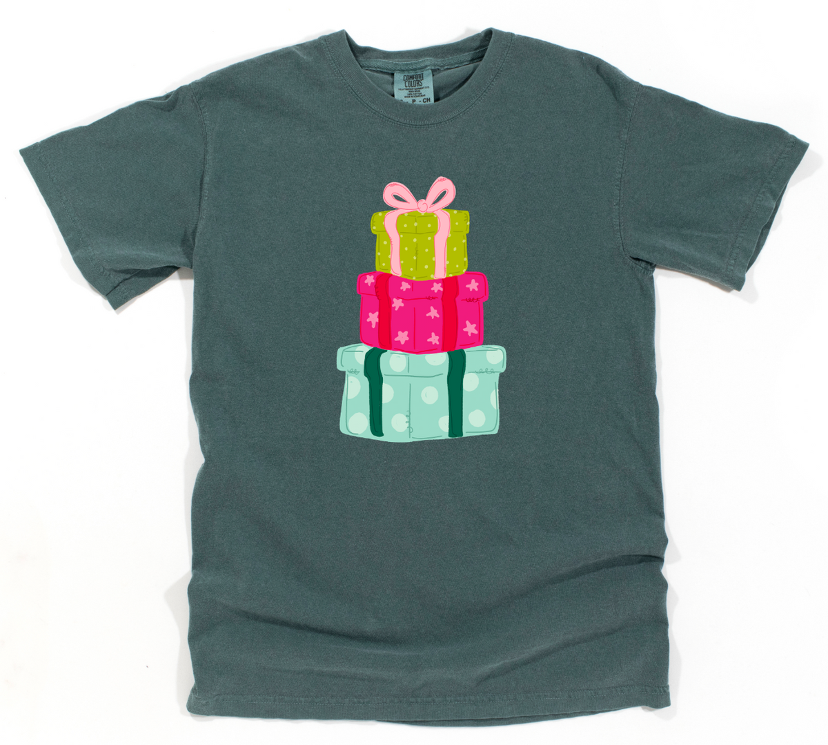 Stack of Presents Emerald Christmas Graphic Tee