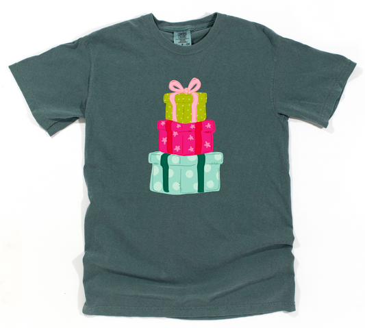 Stack of Presents Emerald Christmas Graphic Tee