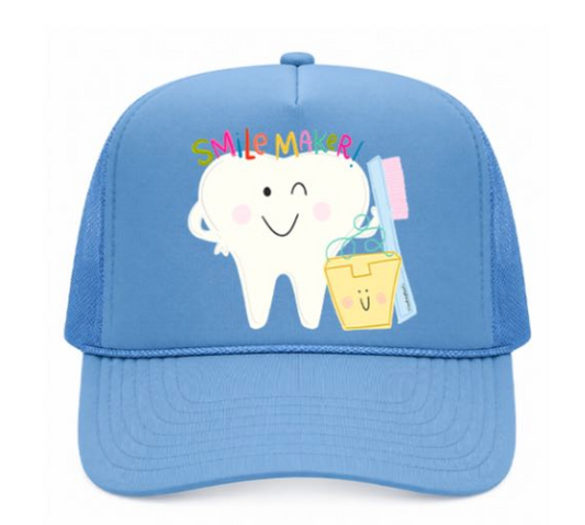 Blue cap with a cartoon tooth and cleaning tools on a white background