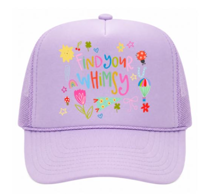 Lavender cap with colorful text and graphics on a white background