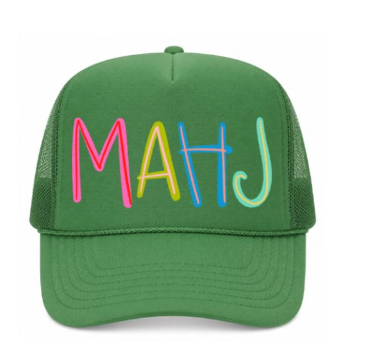 Green trucker hat with colorful 'MAHJ' text on a white background