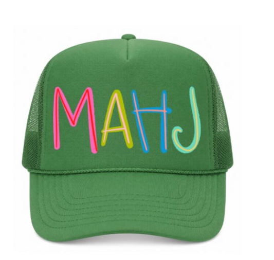 Green trucker hat with colorful 'MAHJ' text on a white background