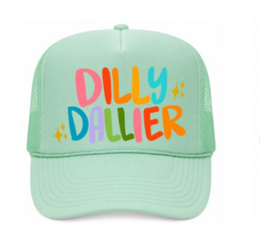 Mint green cap with colorful 'Dilly Daller' text on a white background