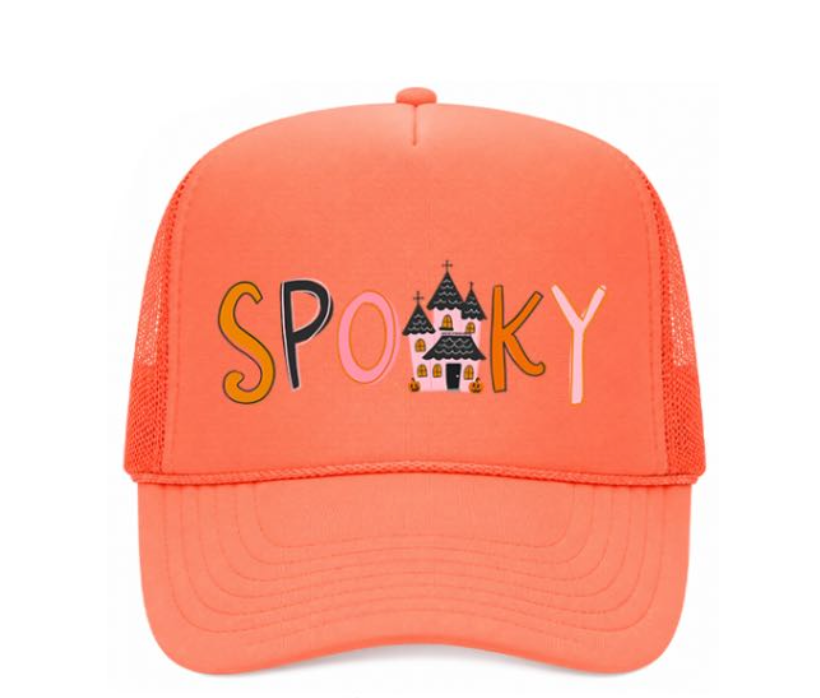 Orange cap with 'SPooky' text and haunted house design on a white background