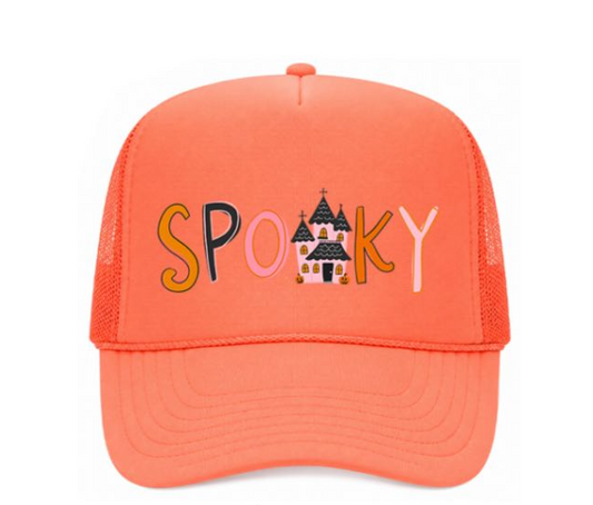 Orange cap with 'SPooky' text and haunted house design on a white background