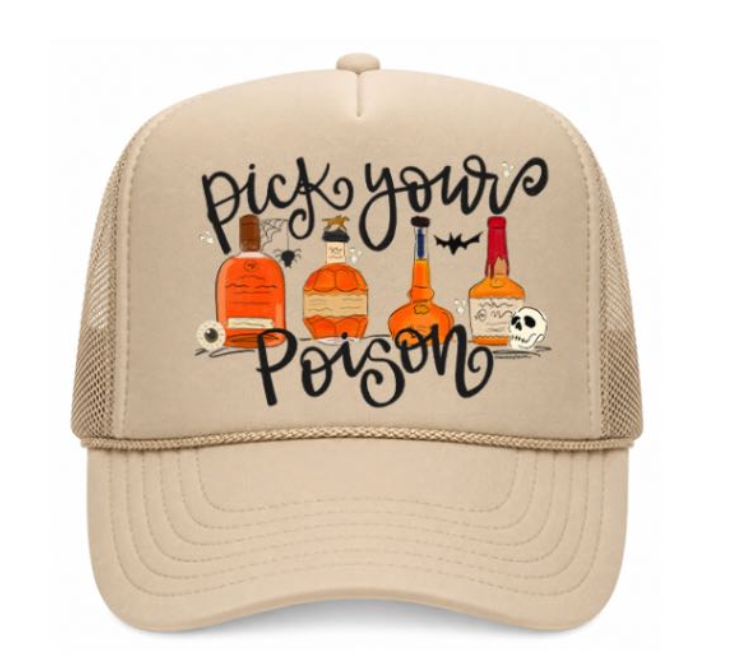 Beige cap with 'Pick your Poison' text and bottle graphics on a white background