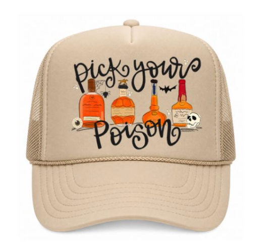 Beige cap with 'Pick your Poison' text and bottle graphics on a white background