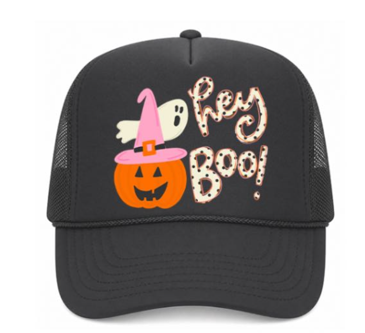 Black Halloween-themed trucker hat with a pumpkin, ghost, and text on a white background