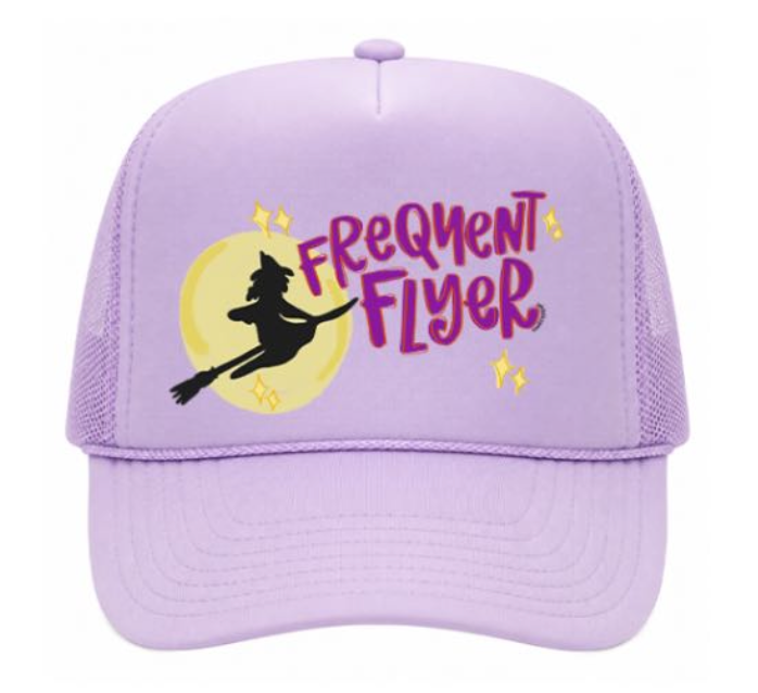 Lavender cap with 'Frequent Flyer' text and witch graphic on a white background