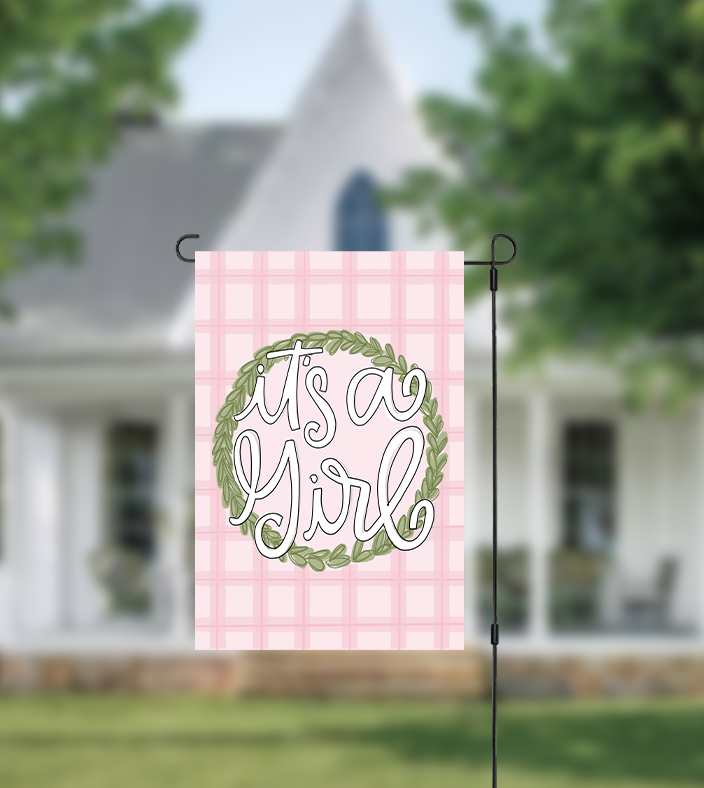 "It's a Girl" garden flag with a pink and white gingham background