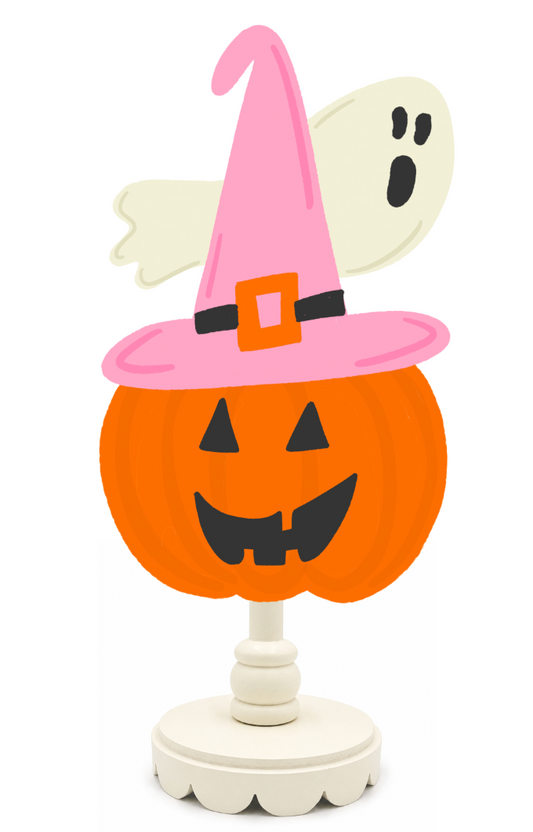 Pumpkin in a witch hat with a ghost Halloween topper on a white background