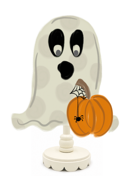 Halloween-themed ghost with a pumpkin on a white background
