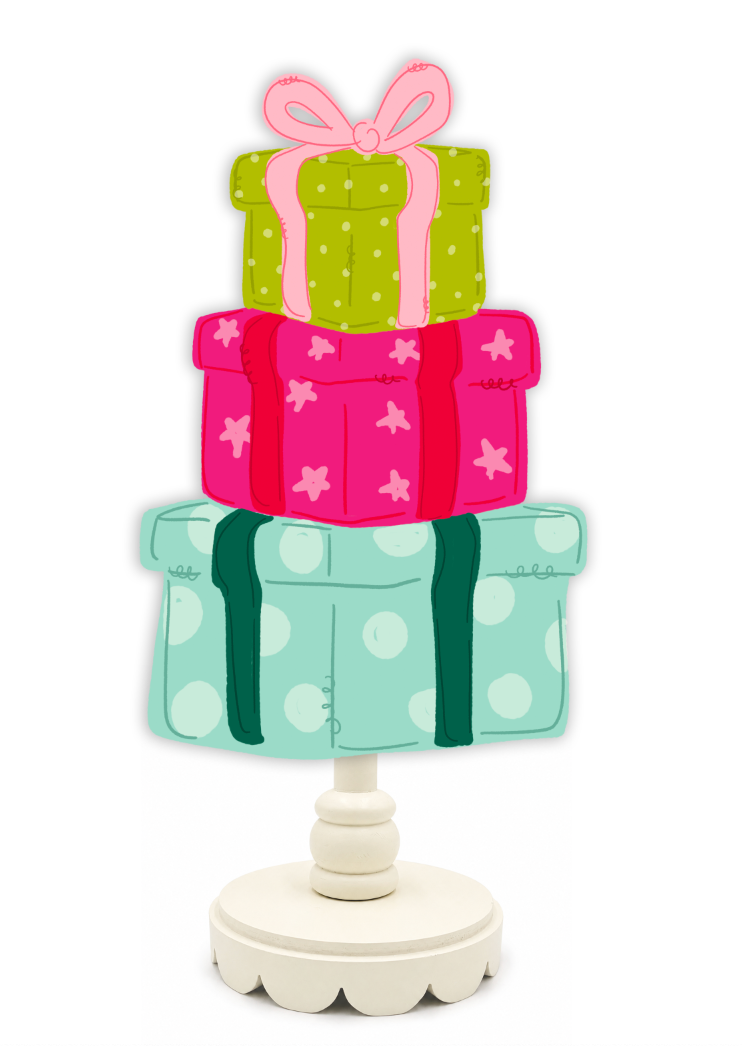 Decorative stand with stacked gift boxes in green, pink, and blue on a white background