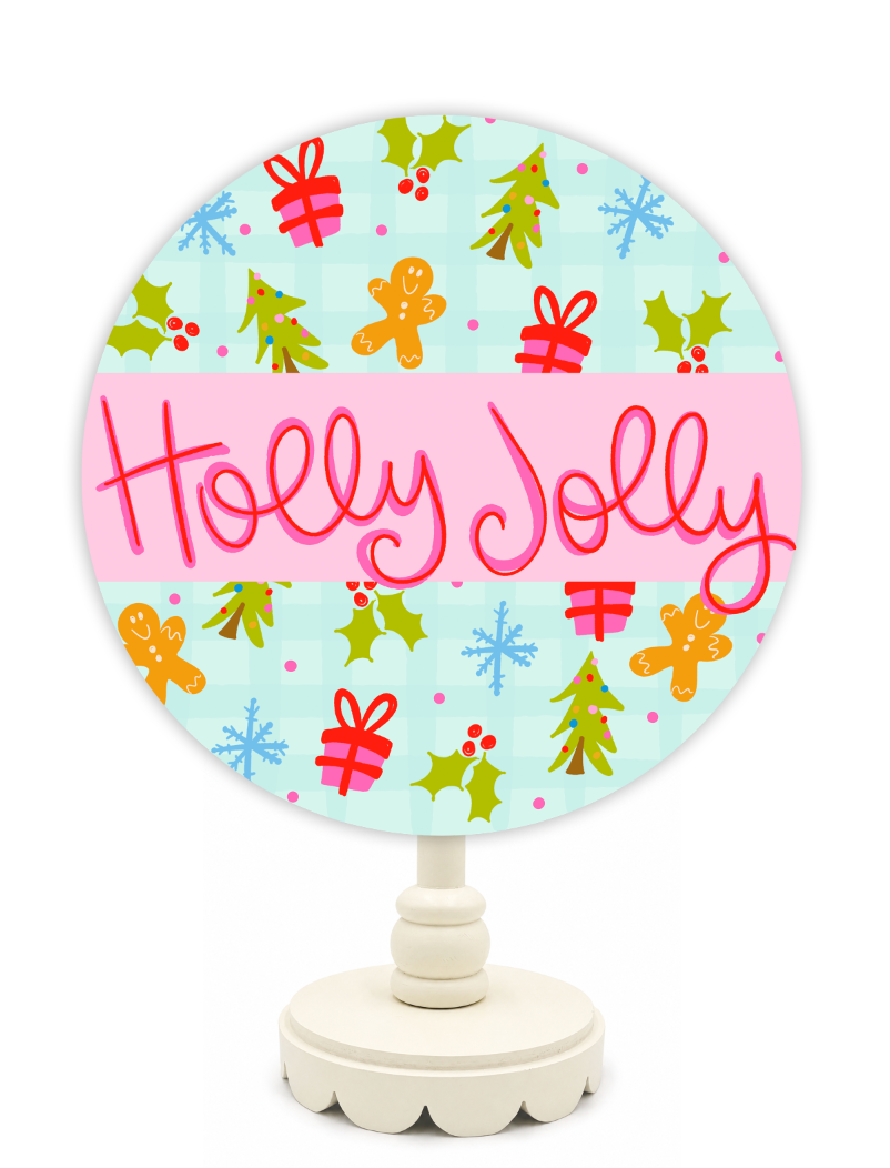Decorative sign with 'Holly Jolly' text and Christmas-themed design on a white background