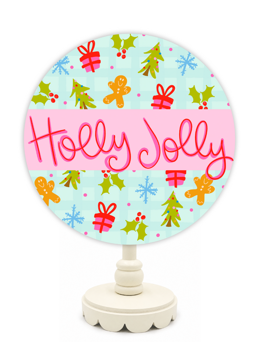 Decorative sign with 'Holly Jolly' text and Christmas-themed design on a white background