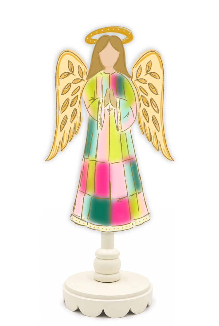 Decorative angel figurine with stained glass-like design on a white background