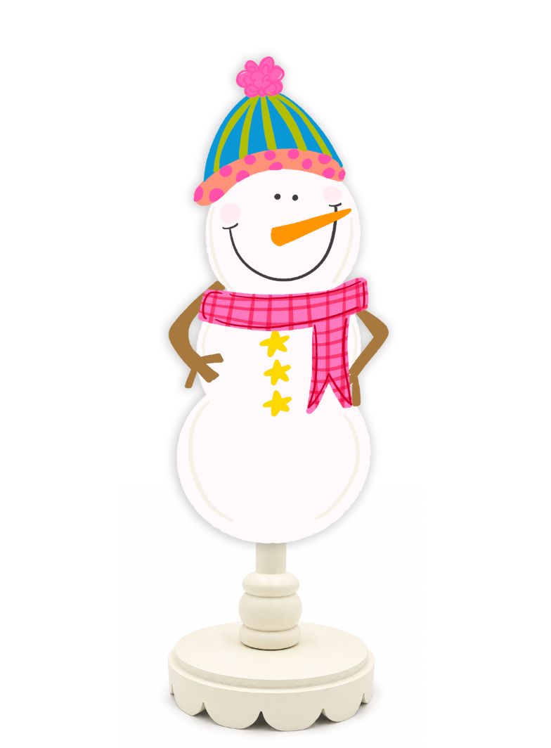 Decorative snowman figure with colorful hat and scarf on a white background
