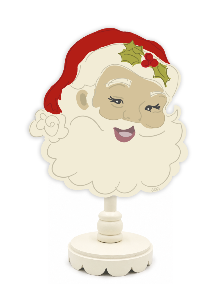 Decorative sign with a cartoon-like depiction of Santa Claus on a white background