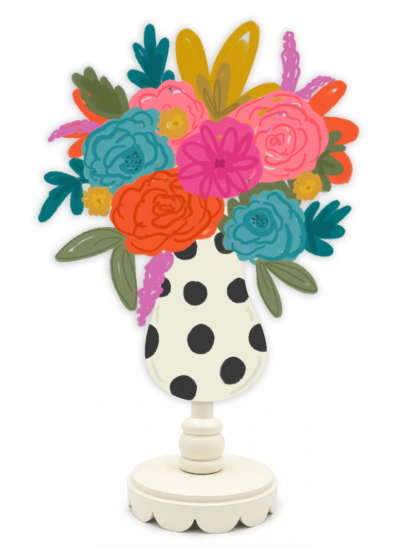Colorful floral arrangement in a polka dot vase on a white background