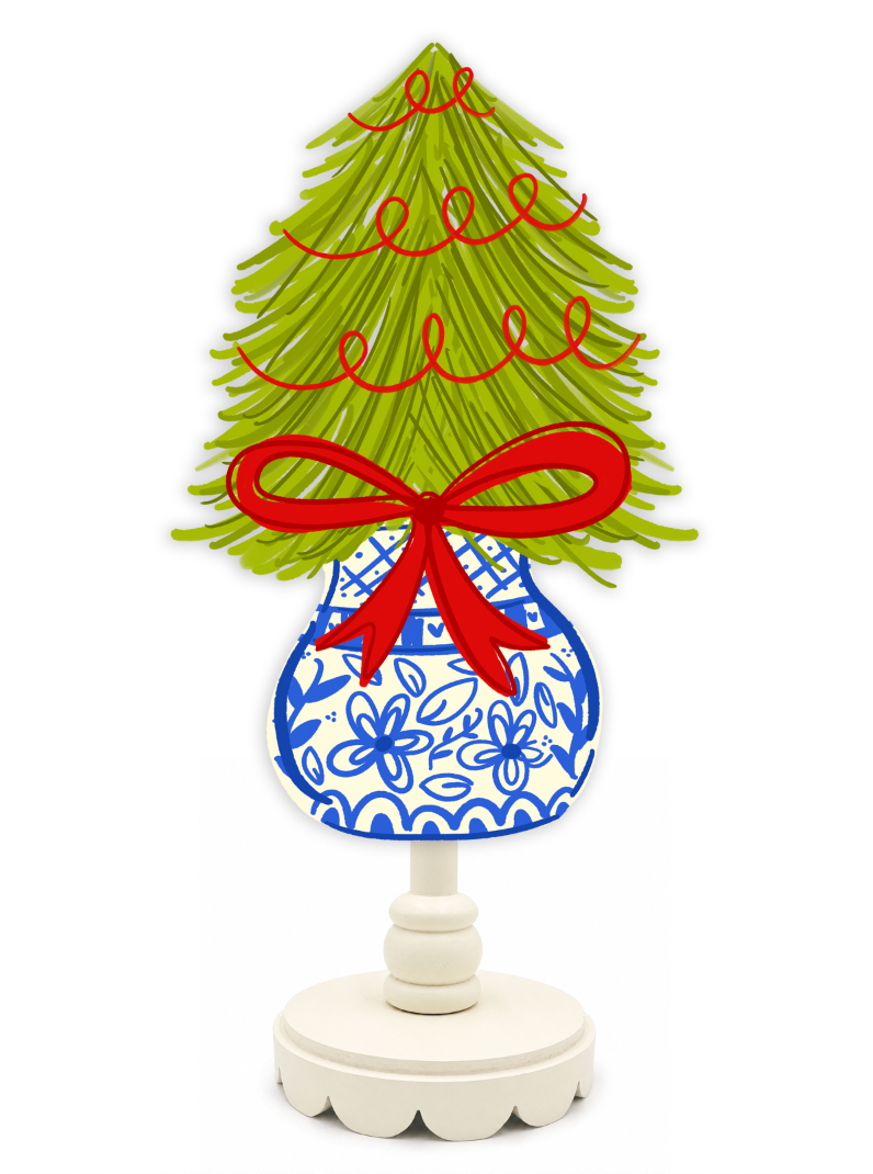 Decorative Christmas tree with a blue and white patterned base and red ribbon on a white background