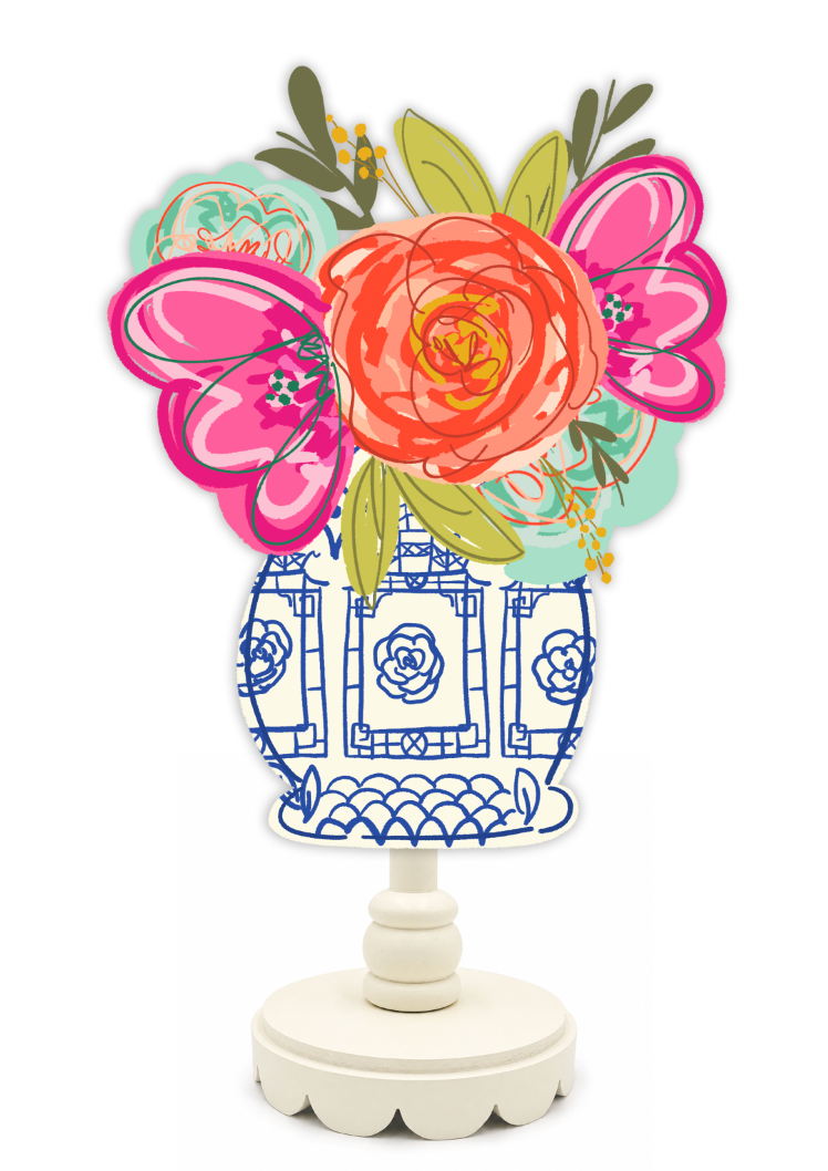 Decorative lamp with floral design and blue pagoda on a white background