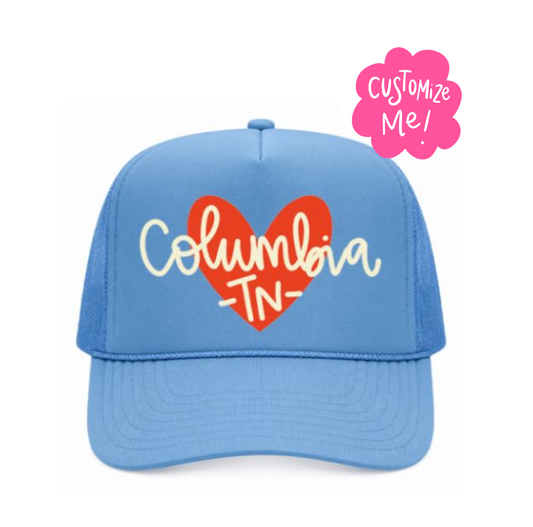 Blue cap with 'Columbia, TN' design and 'Customize Me!' text on a white background
