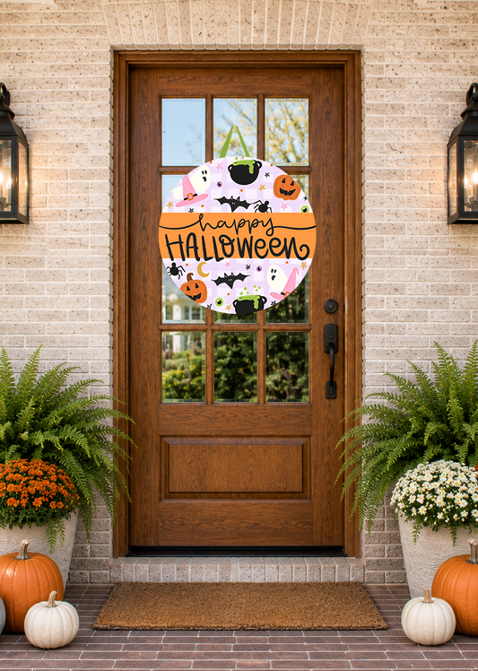 Decorative Halloween sign on a wooden door with pumpkins and plants on a porch.