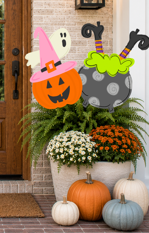 Witch in a Cauldron Halloween 24 inch Potted Plant Stake