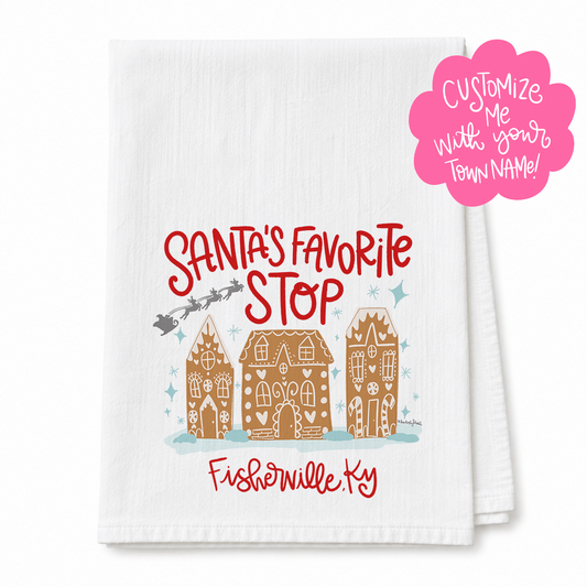 Santa's Fav Stop Custom Name Tea Towel