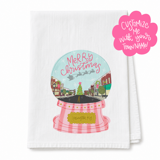 Pink Snowglobe Custom Name Tea Towel