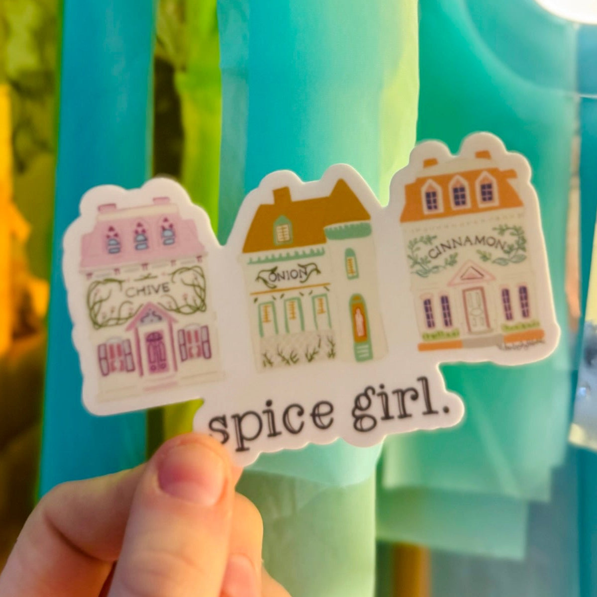 Doodles by Rebekah "spice girl." whimsical house sticker. This colorful hand-painted vinyl decal featuring herb and spice-themed cottage illustrations is a perfect gift for home cooks and bakers to decorate water bottles, laptops, and recipe journals.