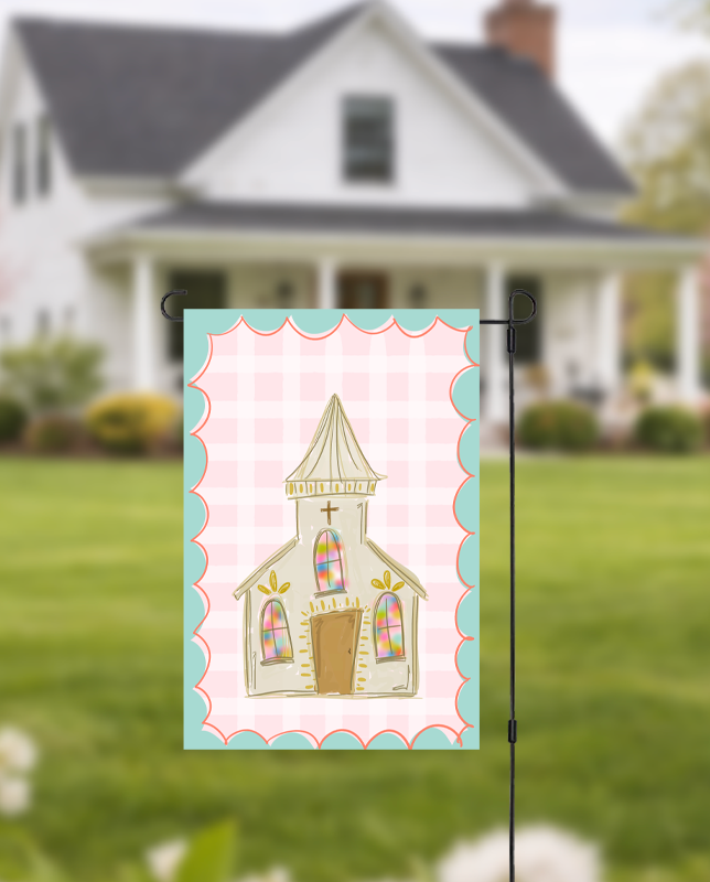 Doodles by Rebekah church garden flag featuring a whimsical hand-painted chapel and pink checkered pattern. This religious-themed outdoor decor, with its teal and coral accents, is perfect for Easter, spring, or year-round garden displays.
