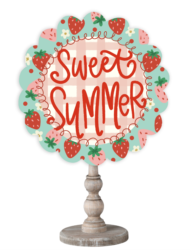 Doodles by Rebekah "Sweet Summer" strawberry decor featuring hand-drawn fruit illustrations on a rustic wood stand.
