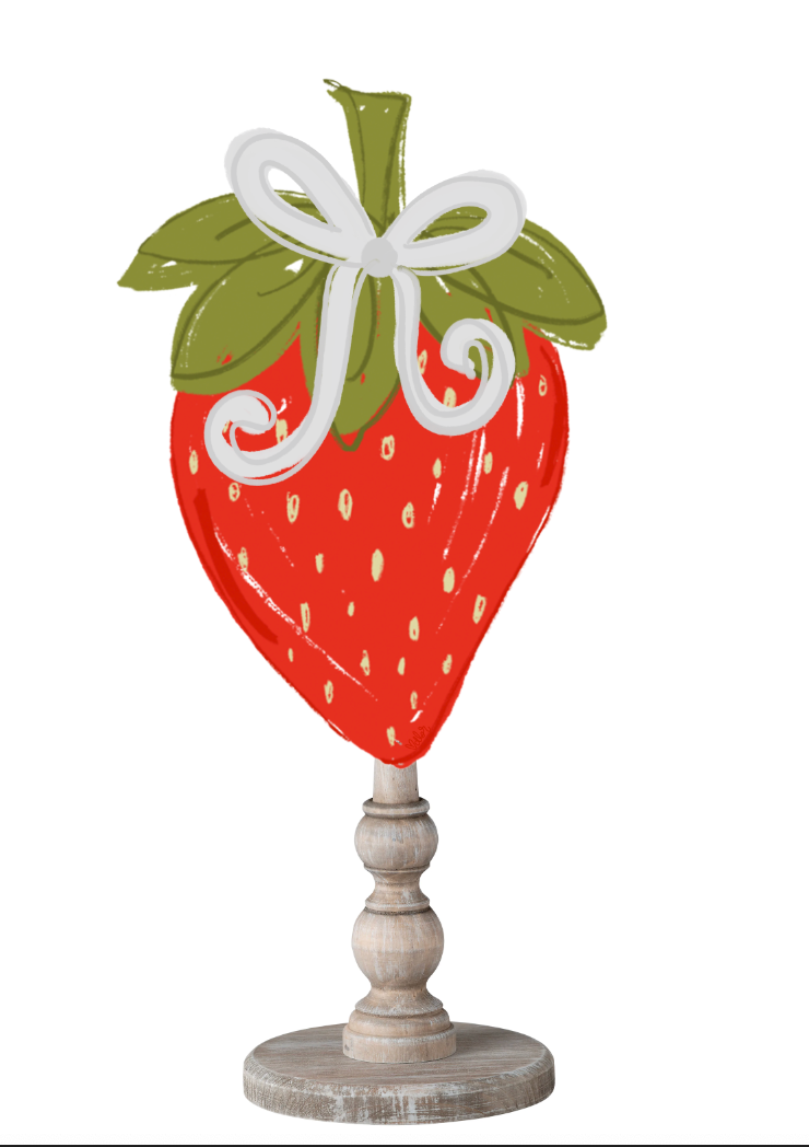 Doodles by Rebekah summer kitchen decor featuring a whimsical red strawberry illustration with a white bow on a rustic turned wood stand.