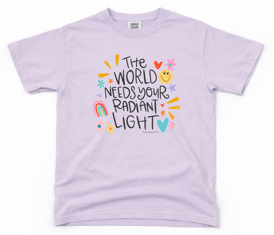 Lavender t-shirt with motivational quote and colorful graphics on a white background