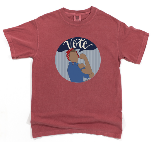 Red t-shirt with 'Vote' graphic featuring a stylized image of a woman on a white background