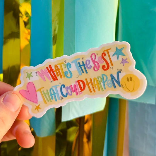 Doodles by Rebekah "What's The Best That Could Happen" colorful inspirational sticker. This whimsical hand-painted vinyl decal with a pink heart and smiley face is a perfect motivational gift for decorating water bottles, laptops, and mirrors to encourage positive thinking.