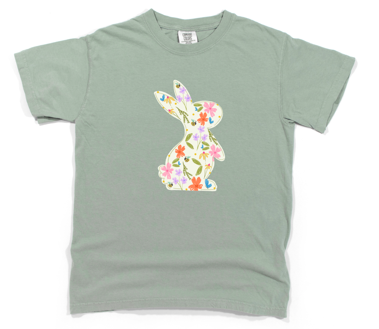 Green t-shirt with a colorful bunny design on a white background