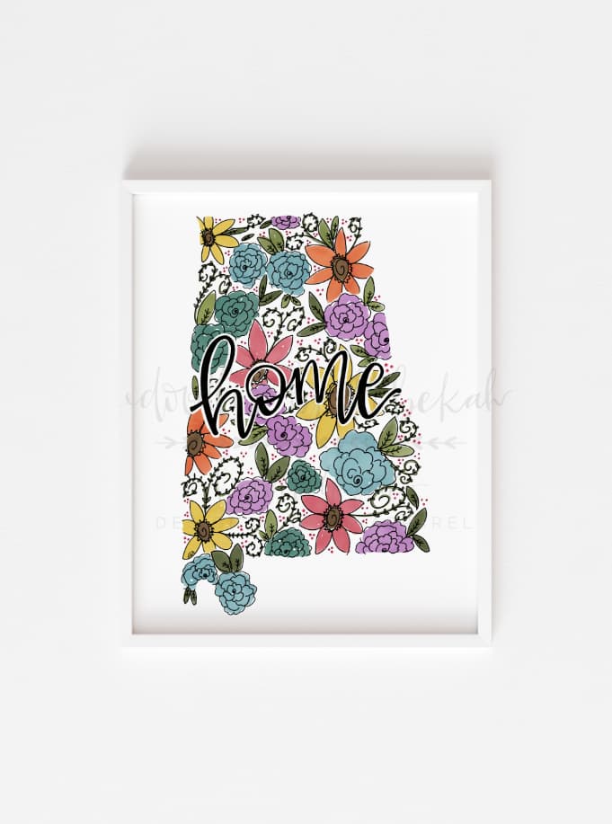 Alabama Floral 8x10 Print on a white wall
