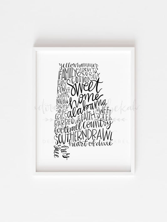An 8x10 print featuring the words 'Sweet Home Alabama' in a cursive script, designed to represent the state of Alabama in the USA.