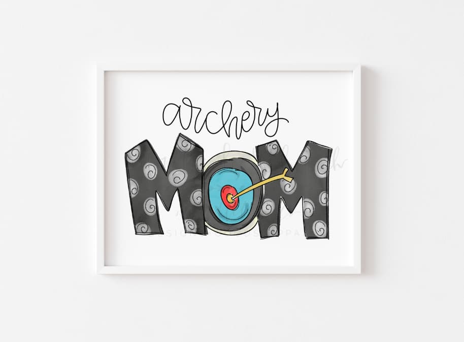 A framed print of archery mom on a white background