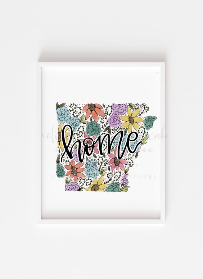 An 8x10 printable artwork with a floral design and the word 'Home' in the center, set against a white background.